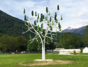 Trending Now: A tree with solar panels and wind turbines provides clean, sustainable energy