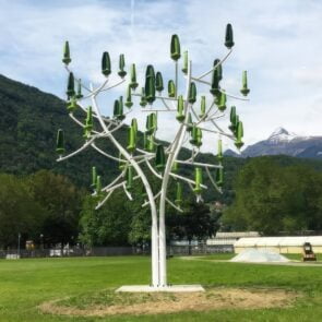Trending Now: A tree with solar panels and wind turbines provides clean, sustainable energy