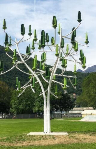 Trending Now: A tree with solar panels and wind turbines provides clean, sustainable energy